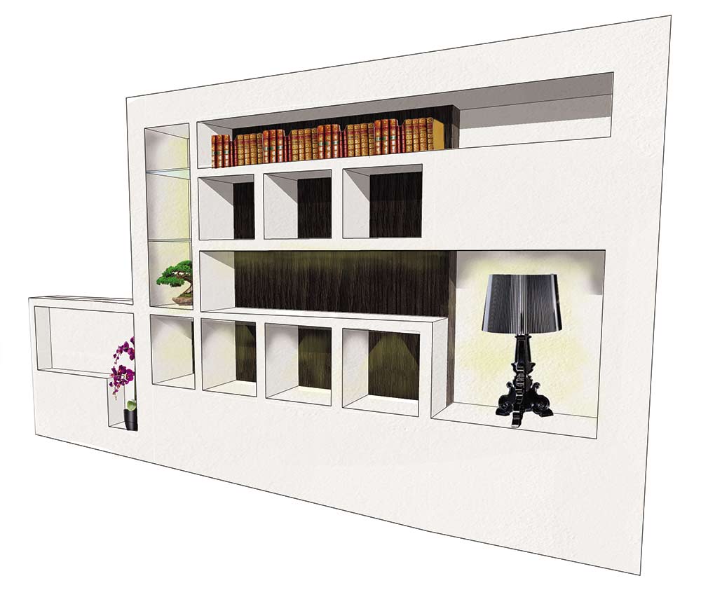 Render 3d del progetto della libreria in cartongesso con nicchie Render 3d del progetto della libreria in cartongesso con nicchie